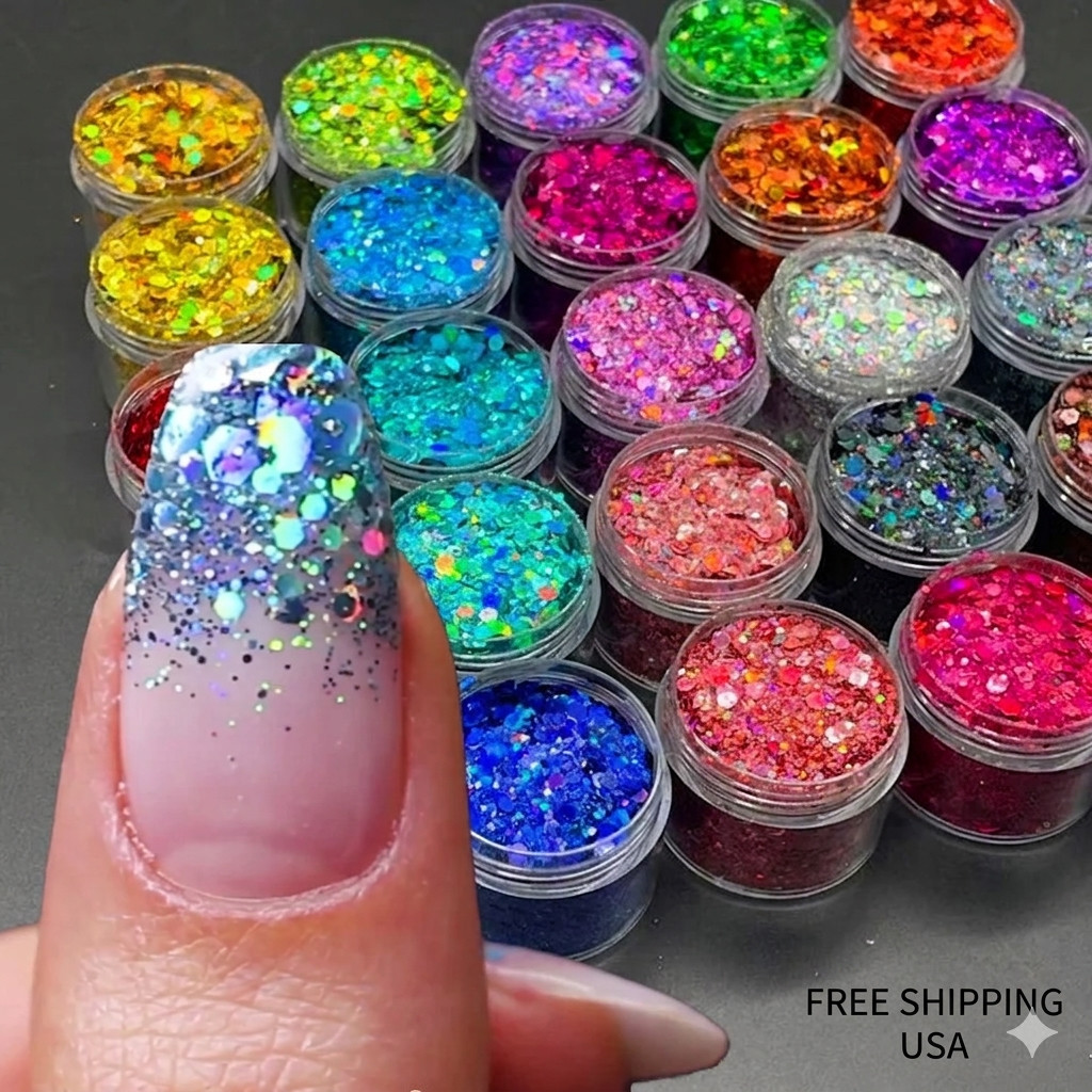 24 Colors Holographic Chunky Nail Glitter Flakes – Laser Shiny Body Art Decor