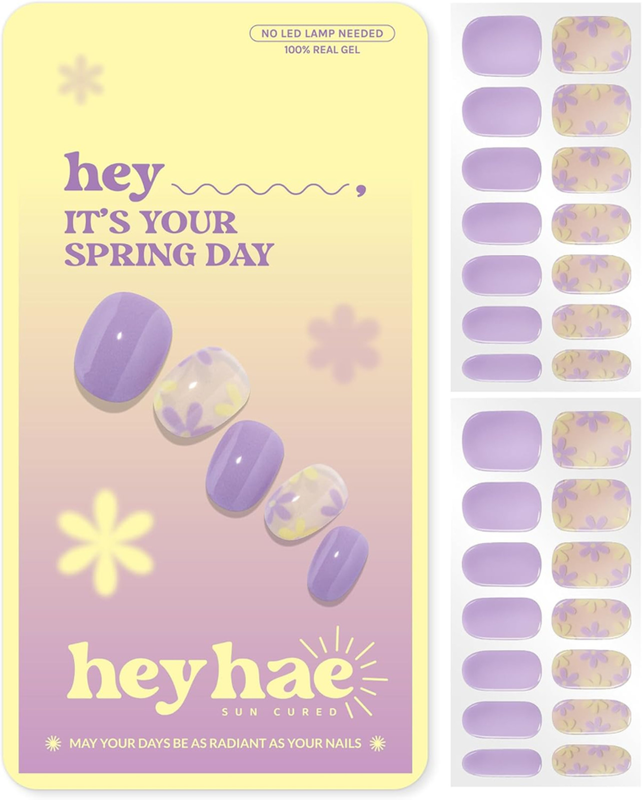 Semi Cured Gel Nail Strips Sunlight Curing Kit Purple Floral Spring Pack 28