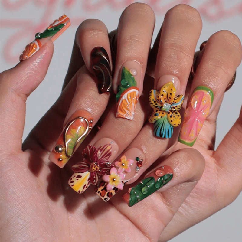 48pcs Colorful 3D Flower Press‑On Nails, Ins‑Style European American Nail Art