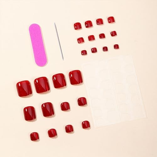 Wine Press On Toenails – 24Pcs Square Fake Toe Nails With Glitter Red Cat Eye