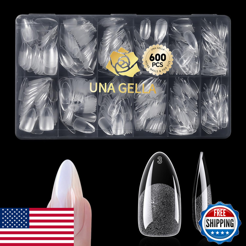 Una Gella 600 Pcs Almond Gel Nail Tips Pre Etched Medium Almond Nail Tips 12