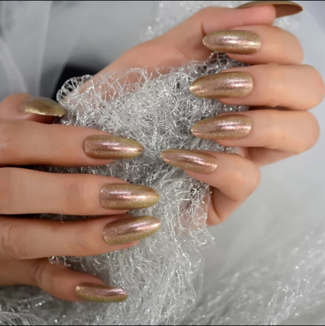 24 Press on nails kit w glue Long oval almond champagne glitter gold bronze rose