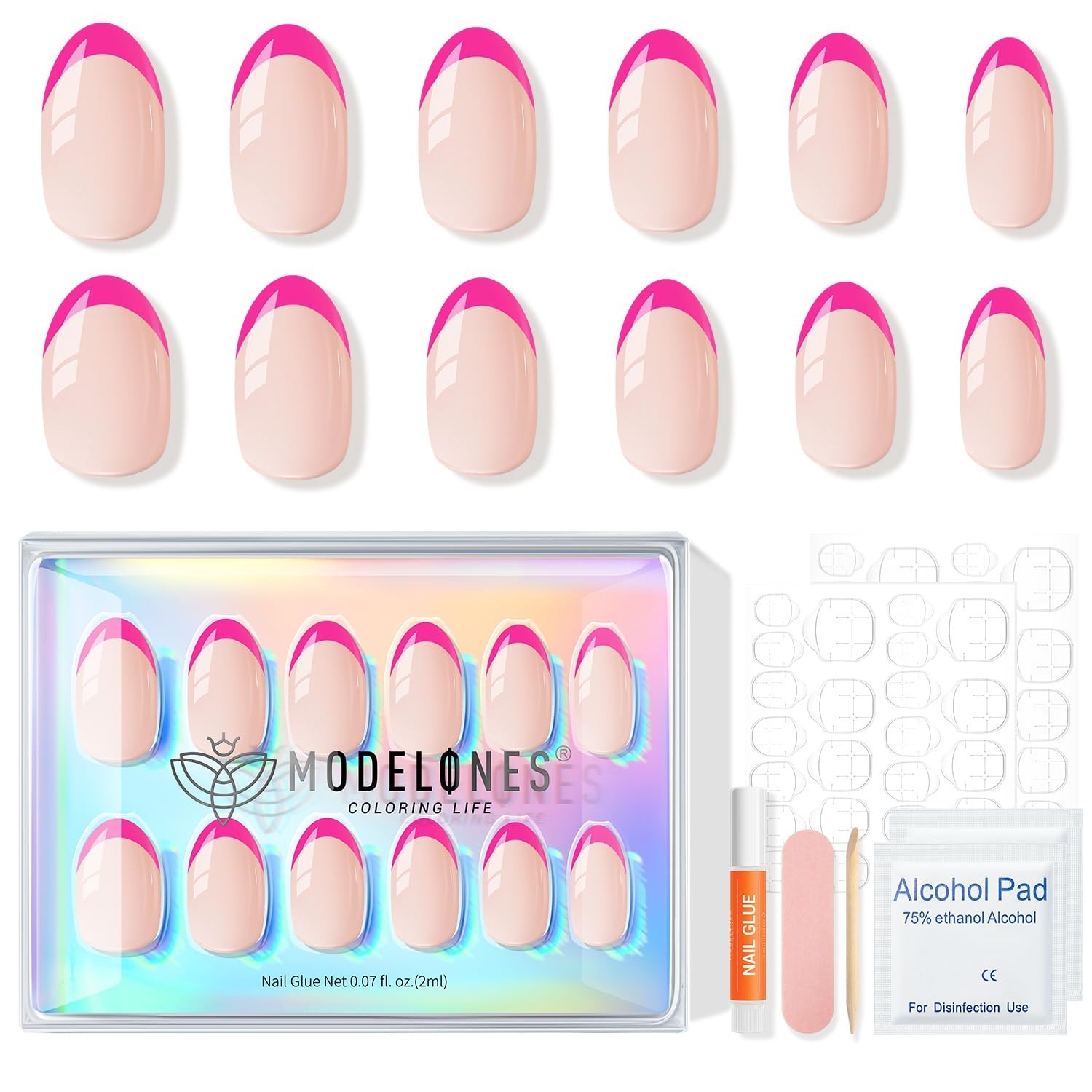 Durable Hot Pink Oval French Tip Nails – 32 Pcs Reusable Kit for Women