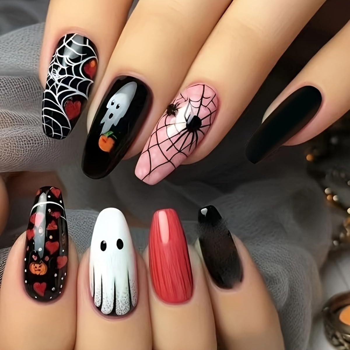 24 Pcs Halloween Press on Nails Medium Square Black Fake Nails Coffin False N…