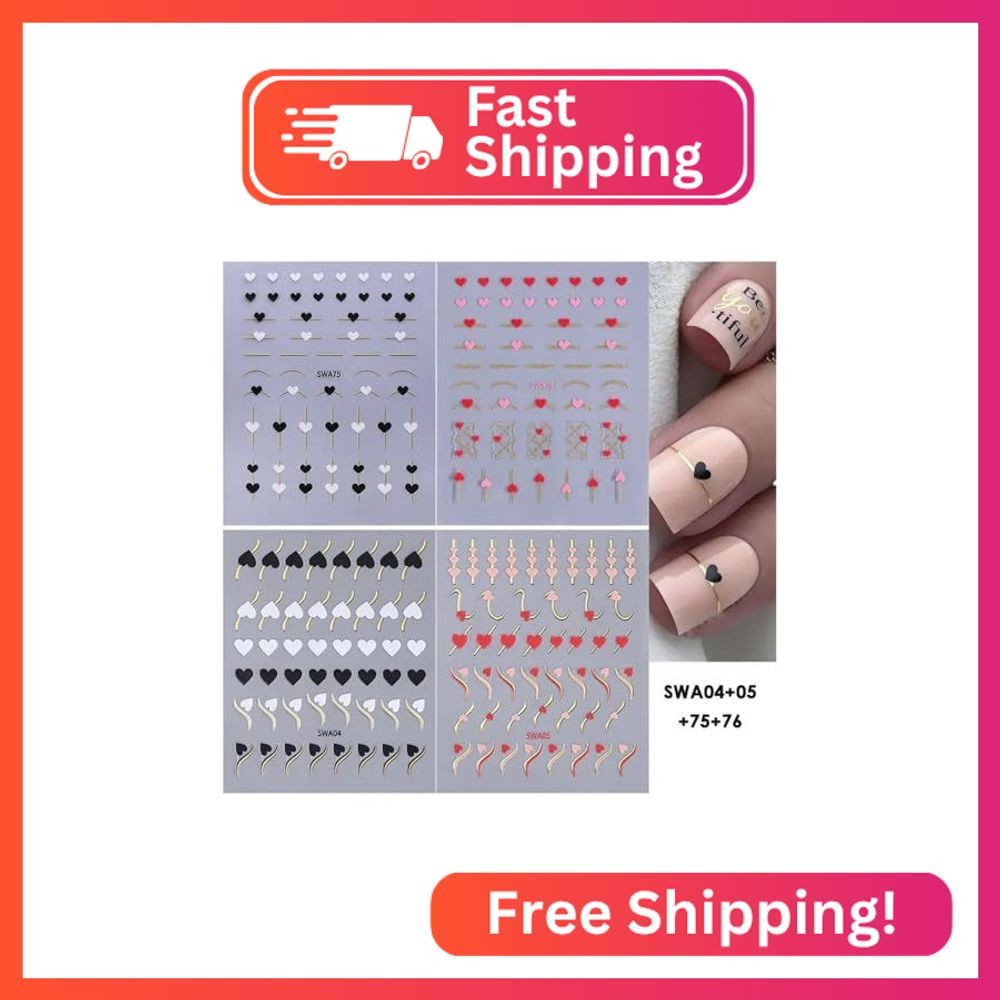4Pcs Valentine’s Day Nail Art Stickers Hearts Nail Decals Glossy Metallic Golden