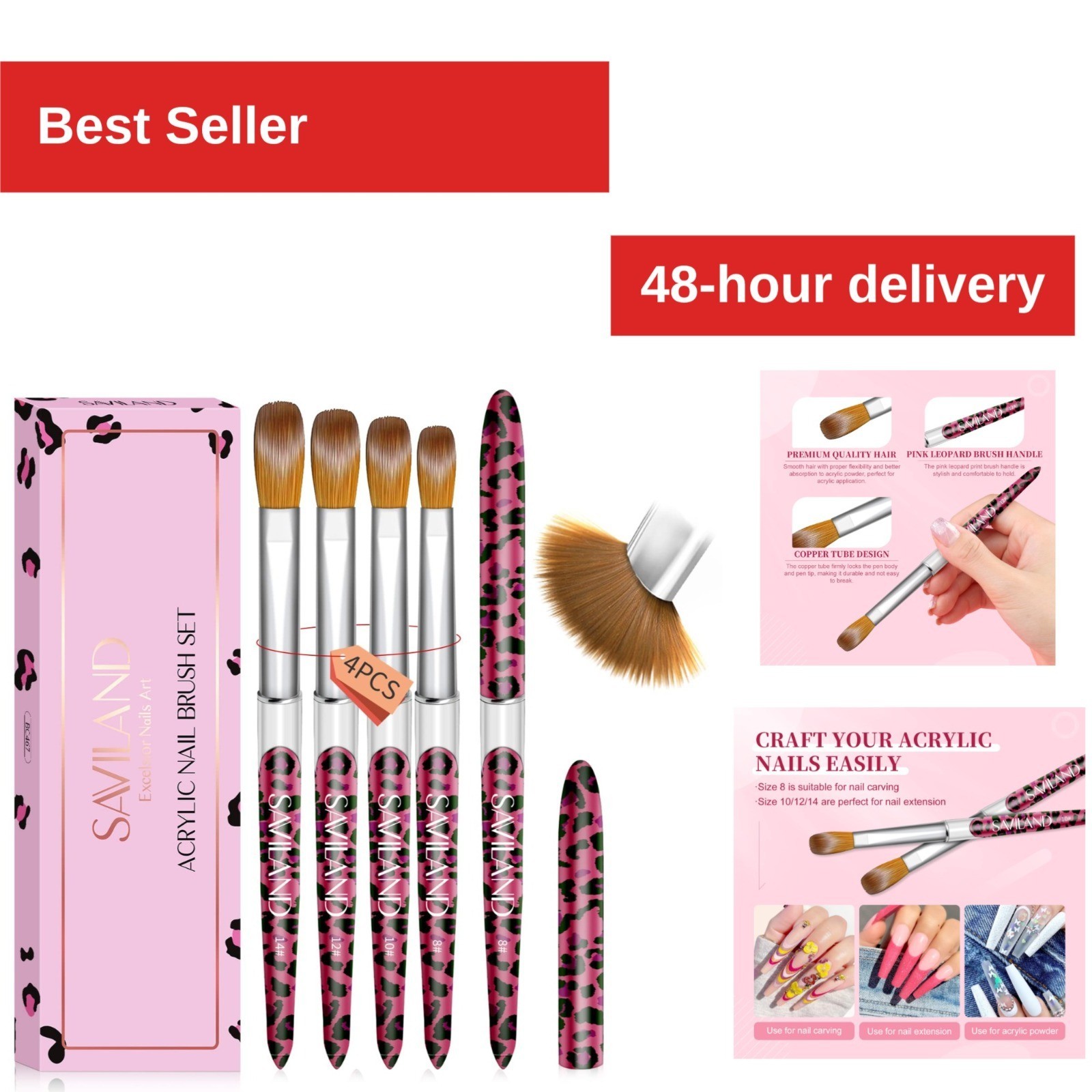 SAVILAND 4PCS Acrylic Nail Brush Set for Nail Art & Extensions