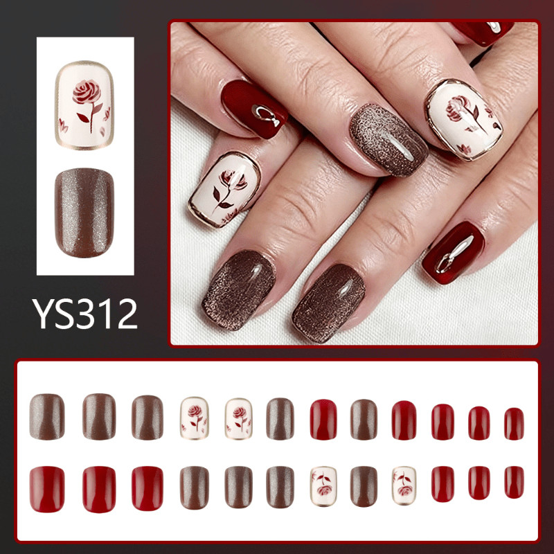 48 Pcs Wine Red Rose Short Square Press on Nails, Vintage Elegant Fake Nails