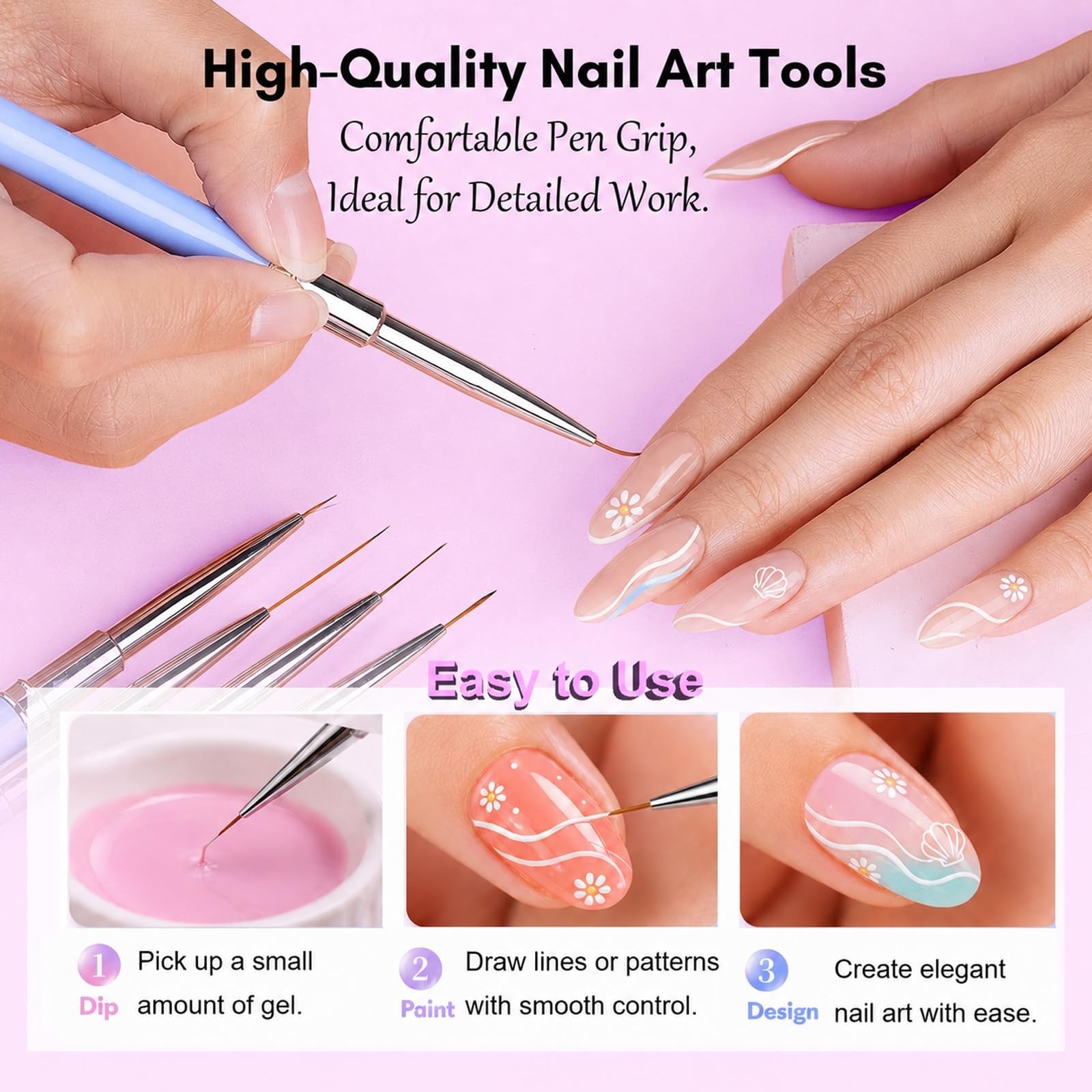5pcs Nail Art Brush Set – Liner Brushes 7/9/11/15/25mm, Thin Design Tool for Gel