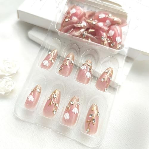 30Pcs 3D Flower Press on Nails Almond Medium Chrome Rhinestones Glitter Designs