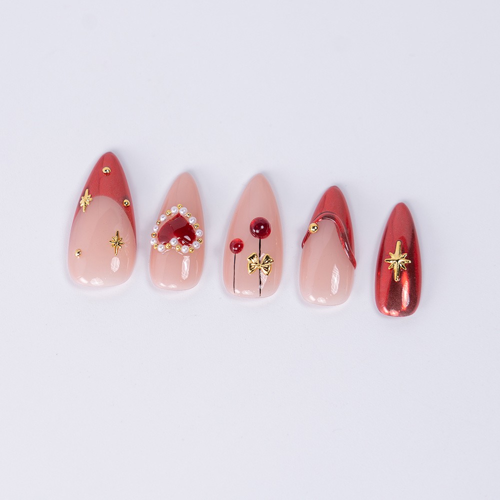 Handmade Stiletto Nails Red Pink Heart Star 3D Shiny Fake Nails for Valentine’s