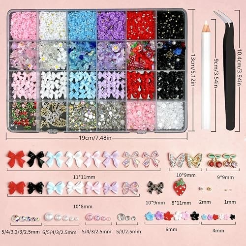 3D Flowers Nail Charms Y2K Kit, Metal Butterfly Cherry Colorful Bow Nail 01