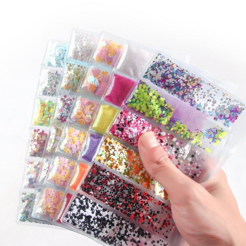6 grid/bag Mixed Nail Glitter Powder Sequins Colorful Nail Flakes Sticker 3d DIY