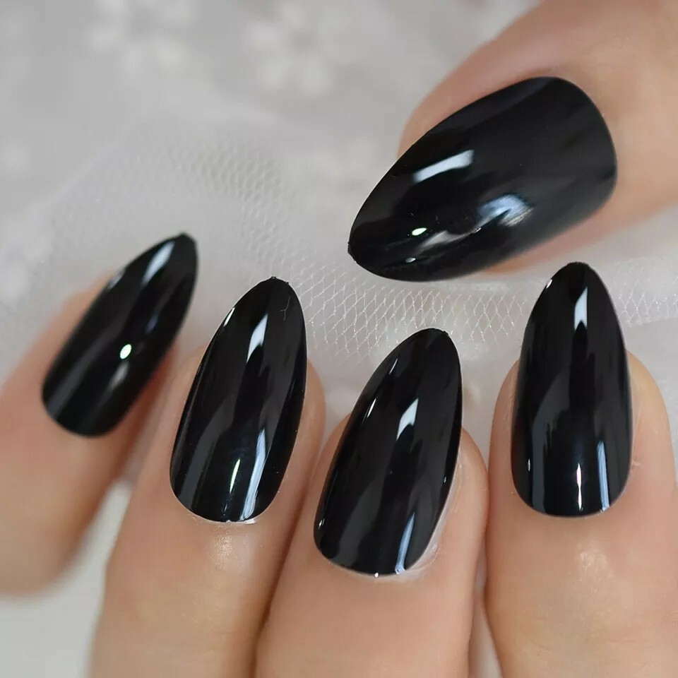 24 shiny black Press On Nails with glue Glossy goth wet look vinyl medium almond