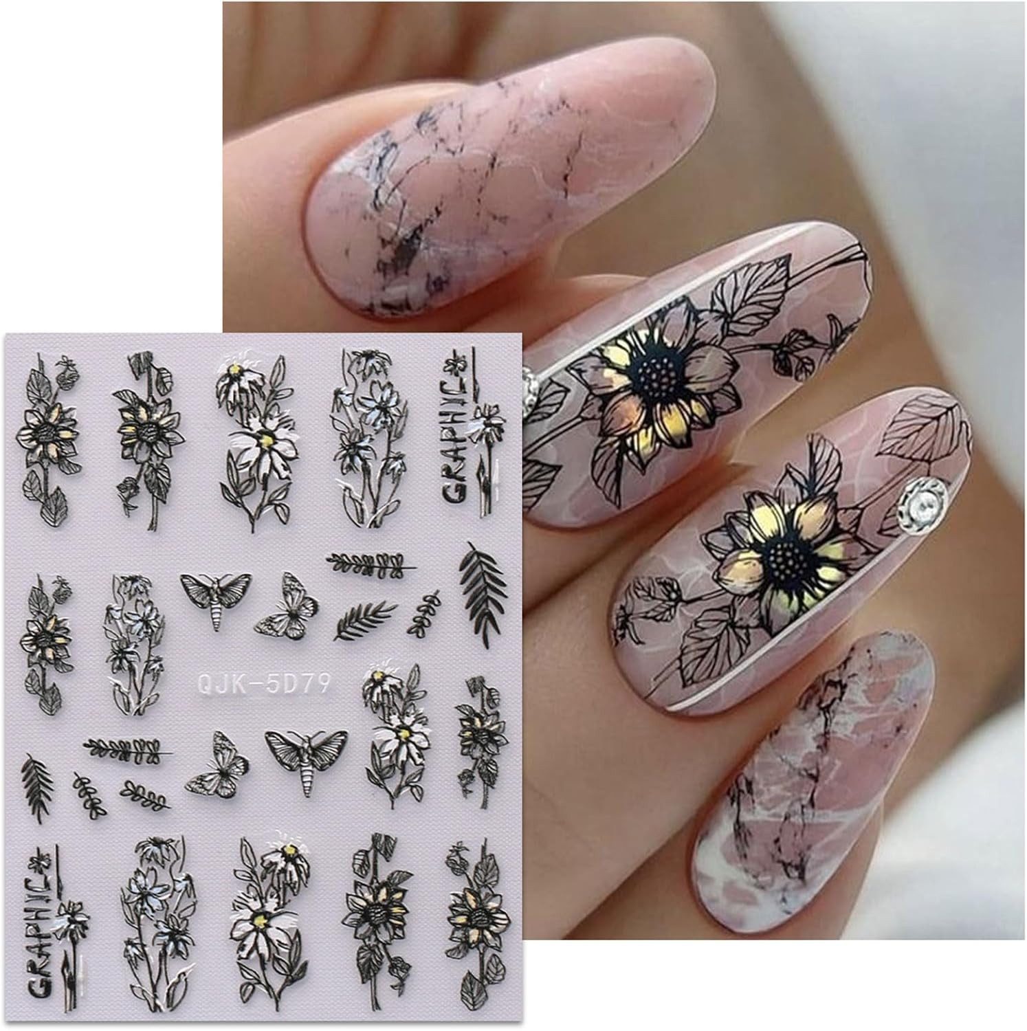 6 Sheets 3D Embossed Spring Flower Nail Art Stickers Decals Self-Adhesive Pegati