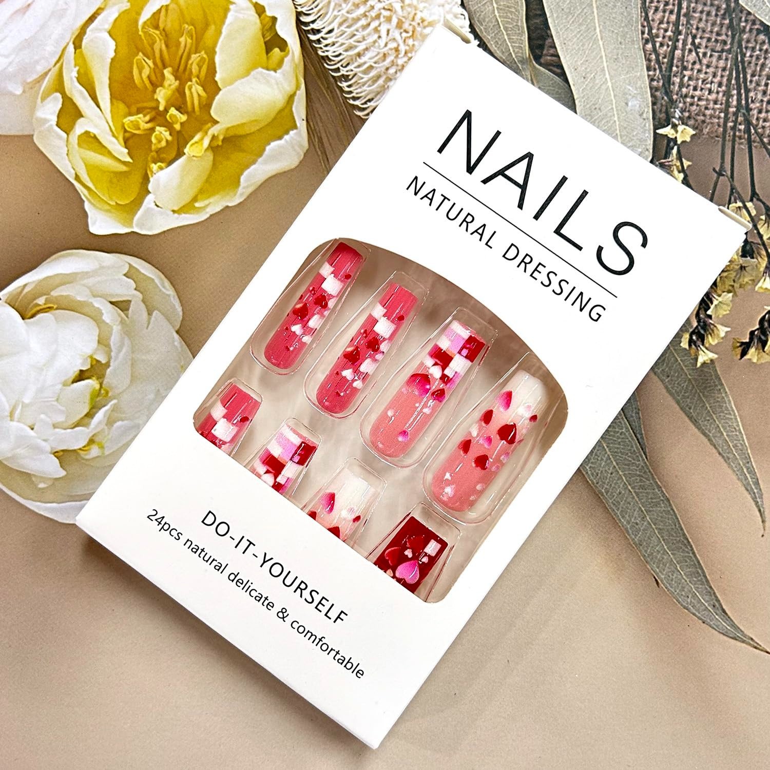 Valentines Press On Nails Long Coffin 3D Pink Red Heart Glossy Set