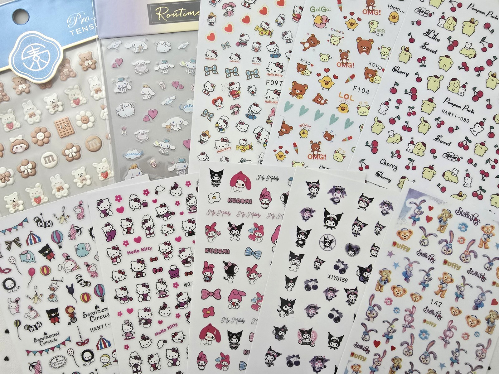Kawaii Nail Art Stickers Decals Bundle 10 Sheets Self Adhesive Animals Sanrio