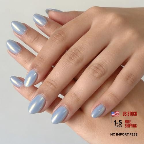 32pcs Almond Press On Nails – Chrome Fake Nails – Mirror Metal – Short Blue