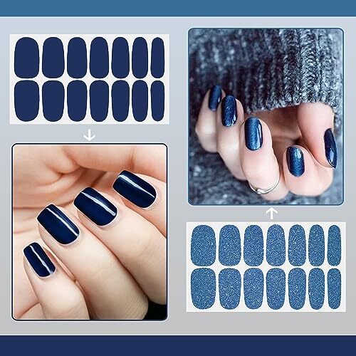 16 Sheets Blue Nail Wraps for Women Glitter Solid Color Elegant Blue Style