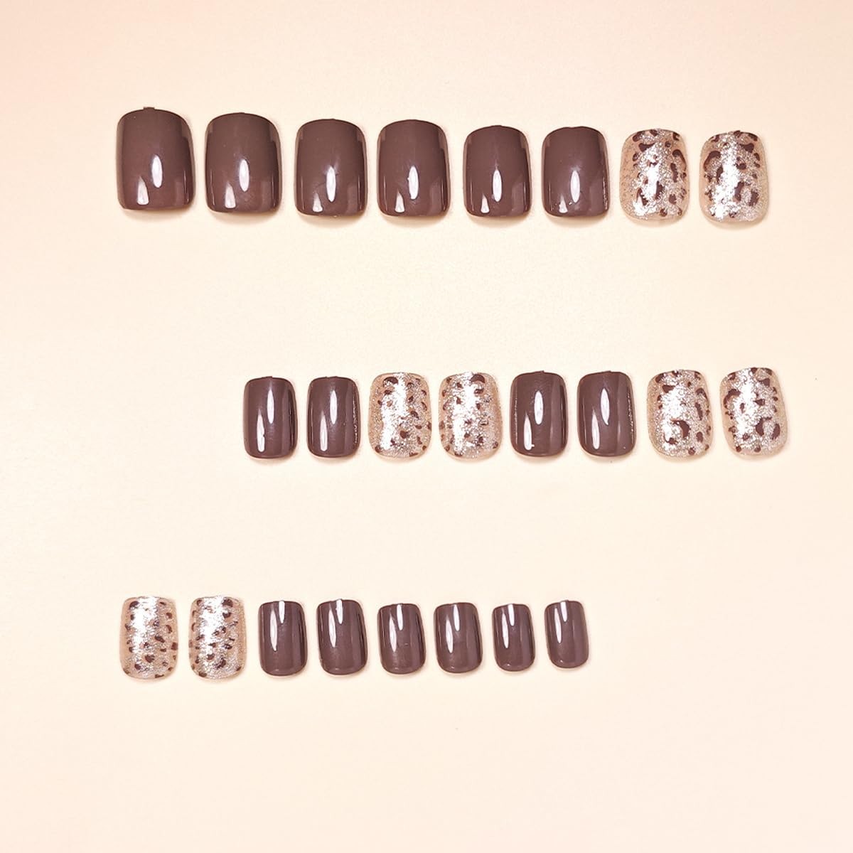 Short Square Press on Nails Brown Fake Nails Leopard False Nails Glitter Desi…