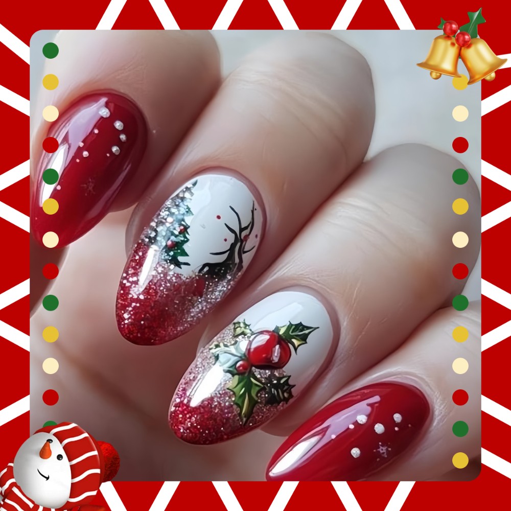48Pcs Red Xmas Press on Nails Reindeer Holly Glitter Glossy Shiny Fake Nails