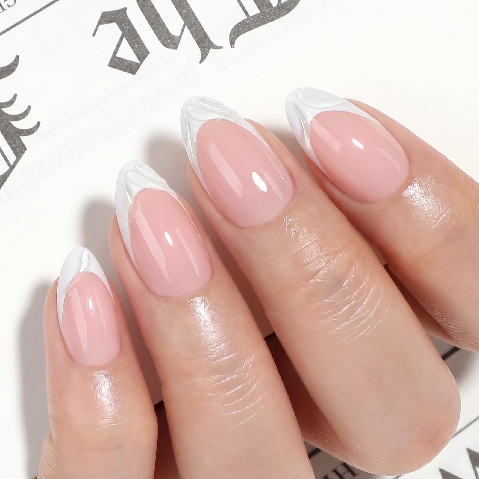UNA GELLA Press on Nails French Tips, 32Pcs 16 Sizes 3D Nude Pink Almond Soft…