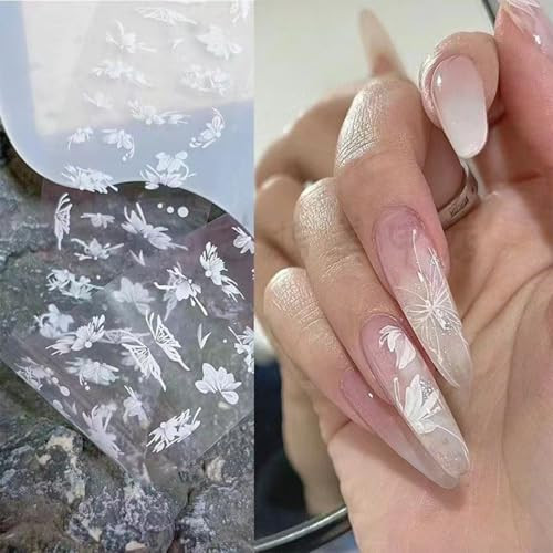 10Roll/Box White Flowers Nail Foil Transfer Stickers for Nail Art Design 3D