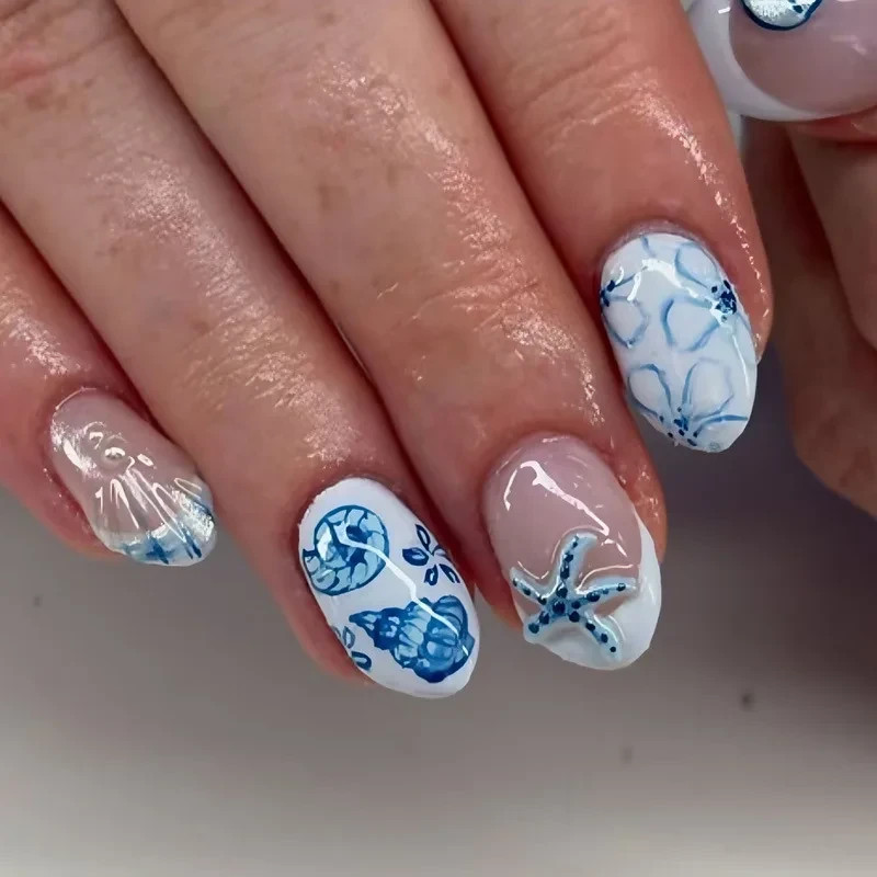 24PCS Summer Beach Press On Nails Almond Starfish Turtle Tropical Fake Nails