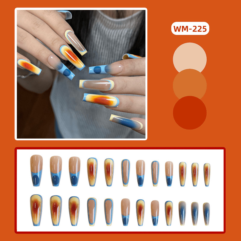 48P Long Coffin Press on Nails, Blue Orange Gradient French Stylish Fake Nails