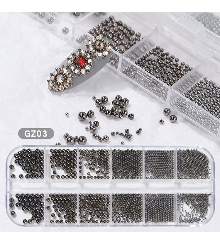 12 Grids Nail Art Mini Metal Caviar Beads 1.0-3.0mm Steel Beads 3D Design DIY