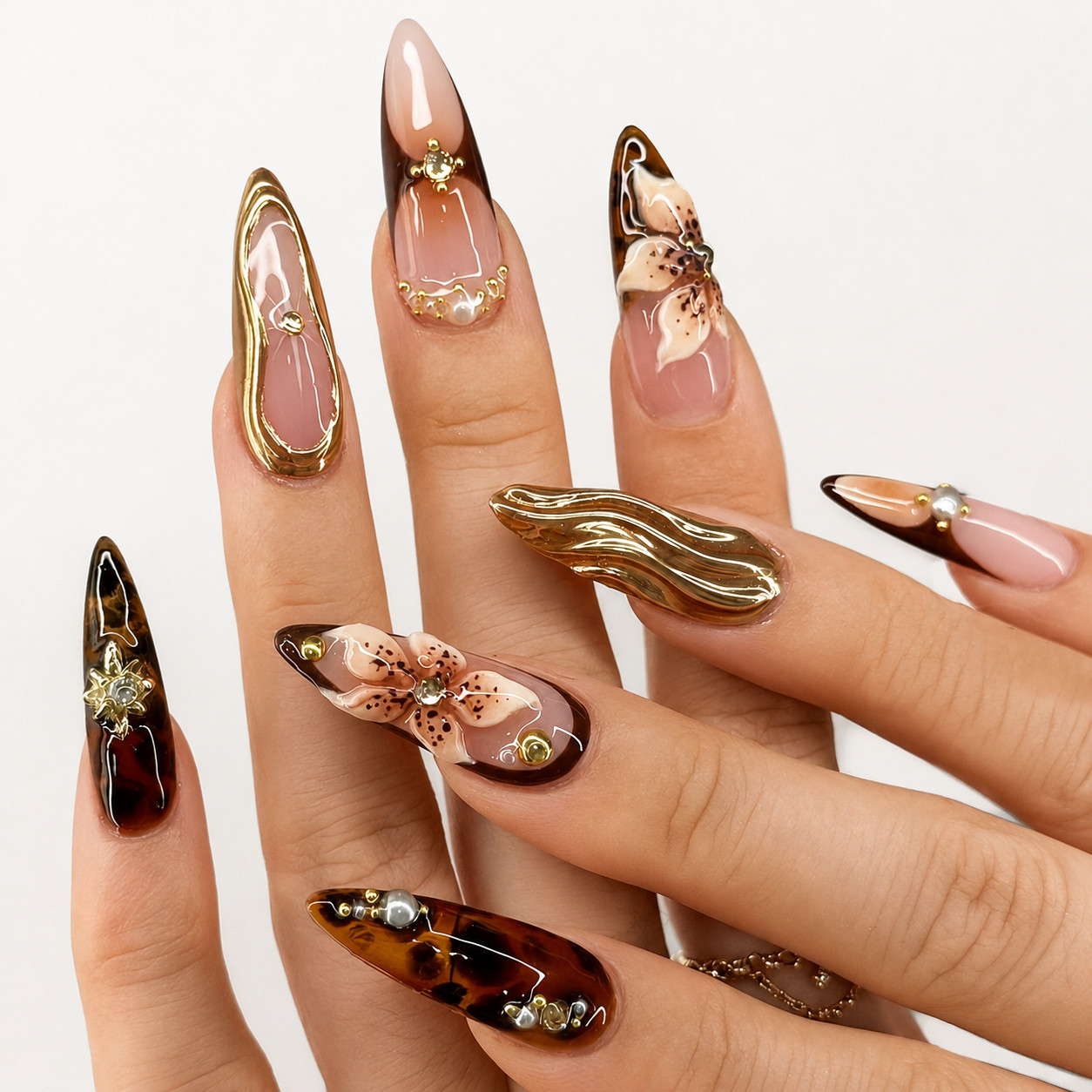 24PCS Black Gold Flower Press On Nails Long Almond Full Cover Reusable Fake Nail