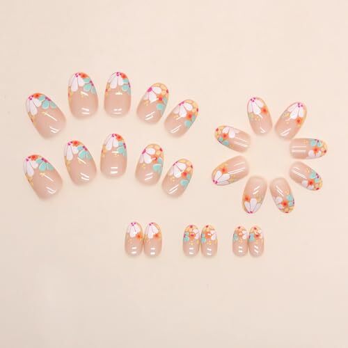 24 Pcs Short Oval Press on Nails Colorful Flower Fake Nails Short Floral