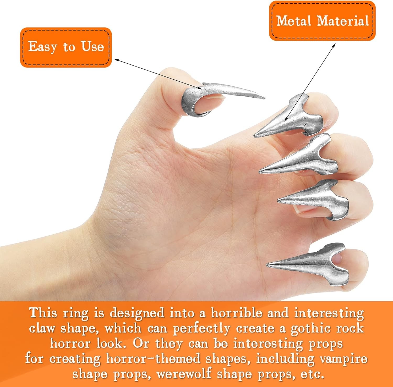 Hicarer Finger Claws Rings Full Set Retro Metal Nail Punk Rock Silver