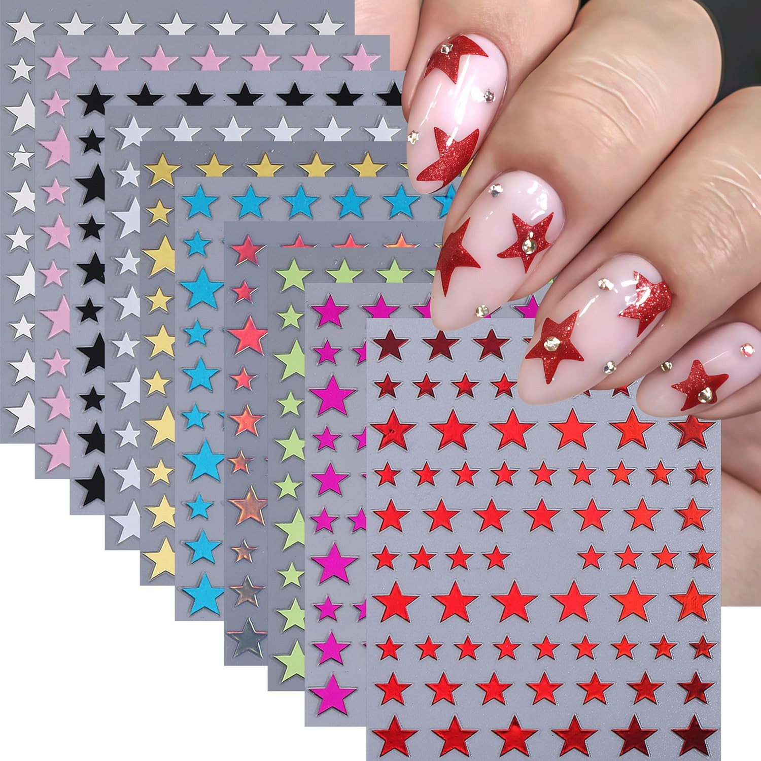 10 Sheets Y2K Star Nail Art Stickers 4Th of July Nail Decals Gold Silver Black W
