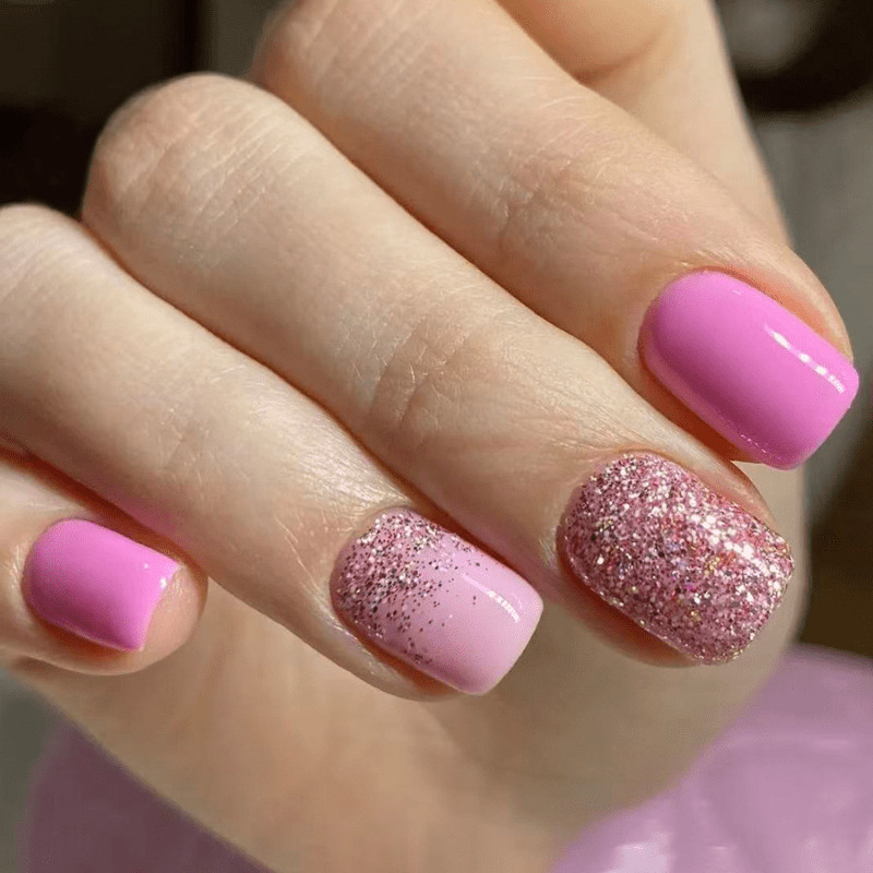 48P Short Square Press on Nails, Hot Pink Glitter Gradient Glossy Fake Nails