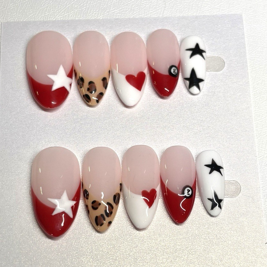 Press-On Nails Red/White French Star Leopard Heart Full Cover Almond Medium