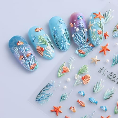 4 Sheets Summer Nail Art Stickers Decals 5D Embossed Self-Adhesive Ocean