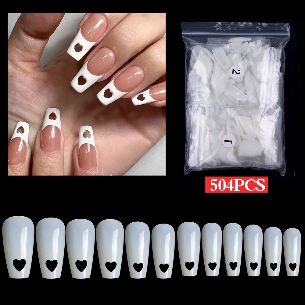 Fake Nails Acrylic Artificial False Nail Tips Hollow Heart Finger Tip DIY 504pcs