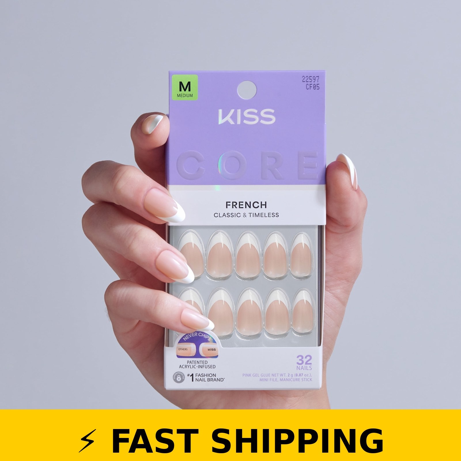 Kiss Core French Medium Almond Press-On Nails, White, 32 Pieces