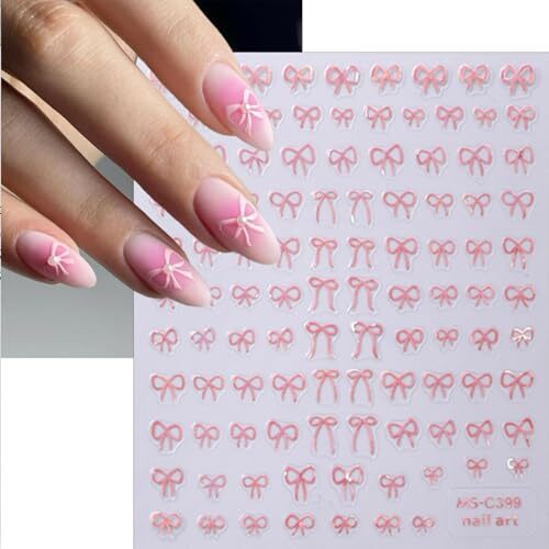 12 Sheets Bow Nail Stickers 3D Self Adhesive Black White Pink Bow Nail Decals