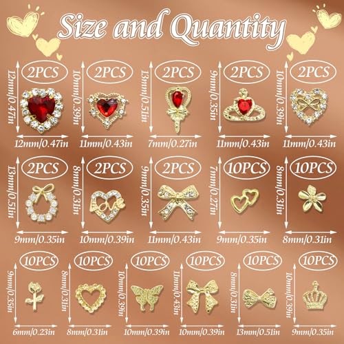 96PCS Gold Bows Nail Charms Red Heart Gems Nail Art Charm Nail Jewels Gold&Red