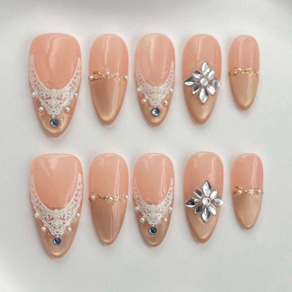 Acrylic Almond Press-On Nails Set, Full Cover, Nude Pink Green, French 3D Matte