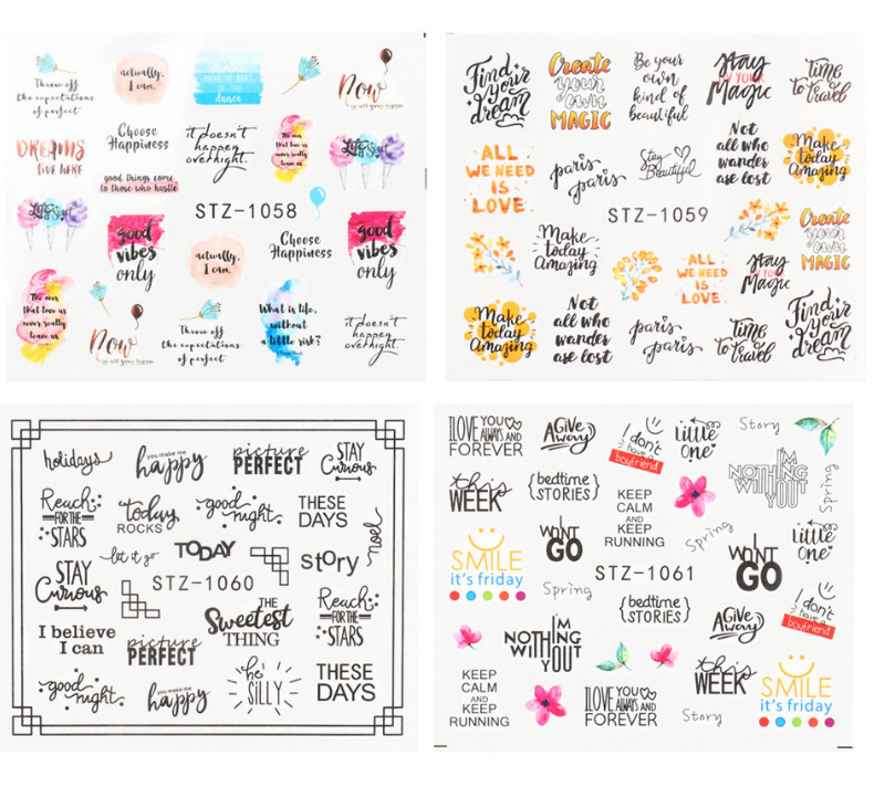 16 Sheets Nail Art Stickers Waterproof Decal Love Words Letters Heart Snake NS8