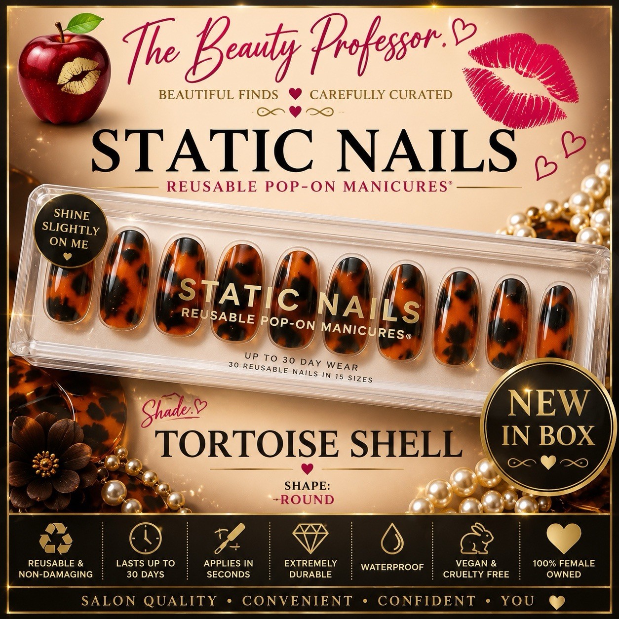 🍎 Static Nails Tortoise Shell Round Reusable Pop-On Nails New in Box 💋