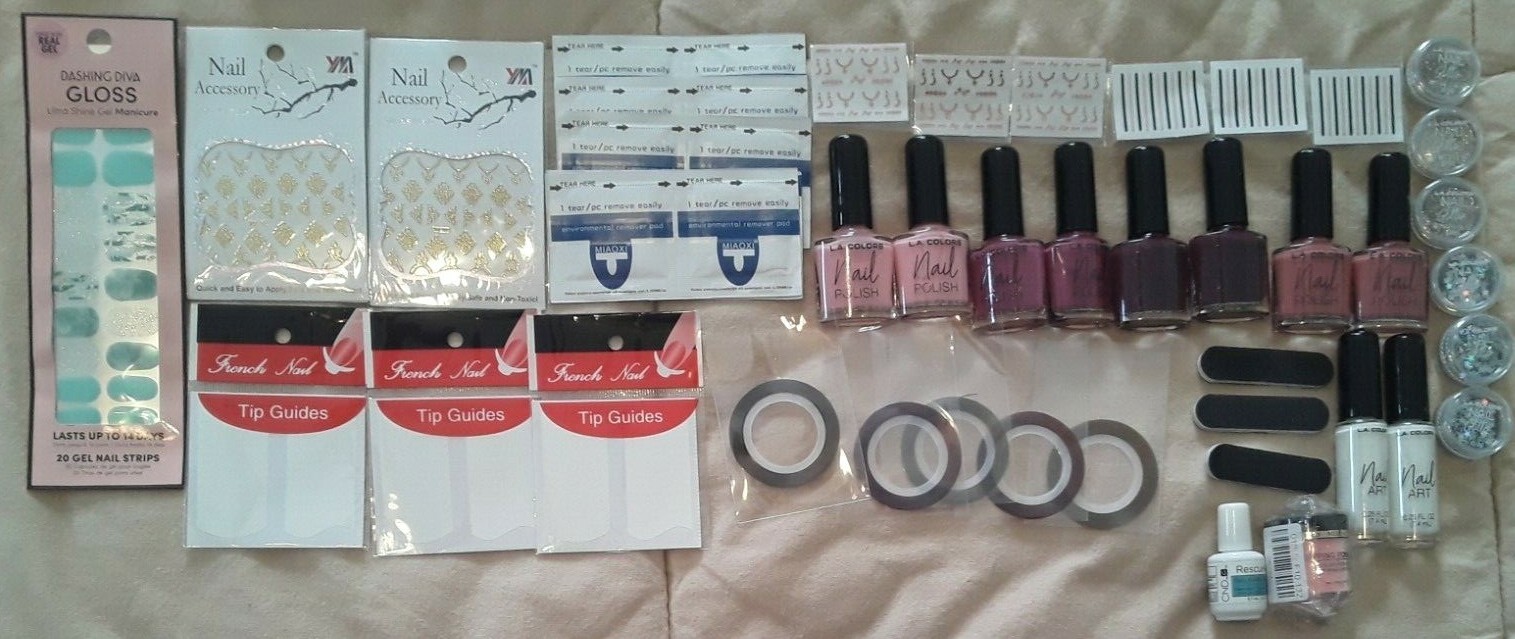 L A Colors Nail Art Lot Polish Glitter Sticker Sheets File Strips Tape Remover