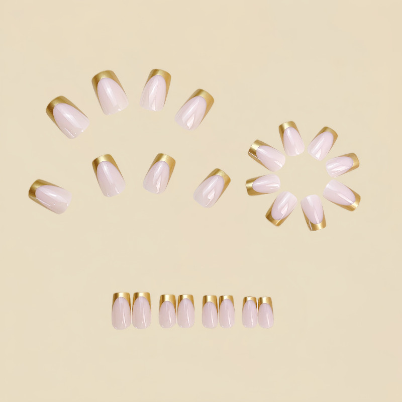 48pcs Short Square Handmade Press‑On Nails, Milky White Thin Gold French Tip