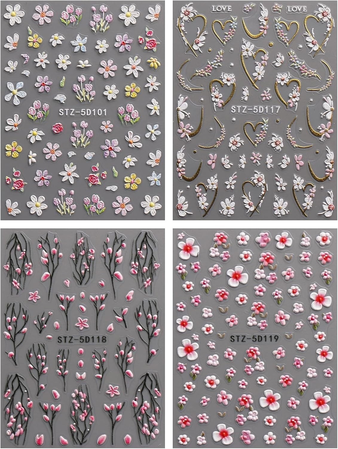 JMEOWIO 3D Embossed Flower Nail Art Stickers Decals Self-Adhesive 5D Spring Summ