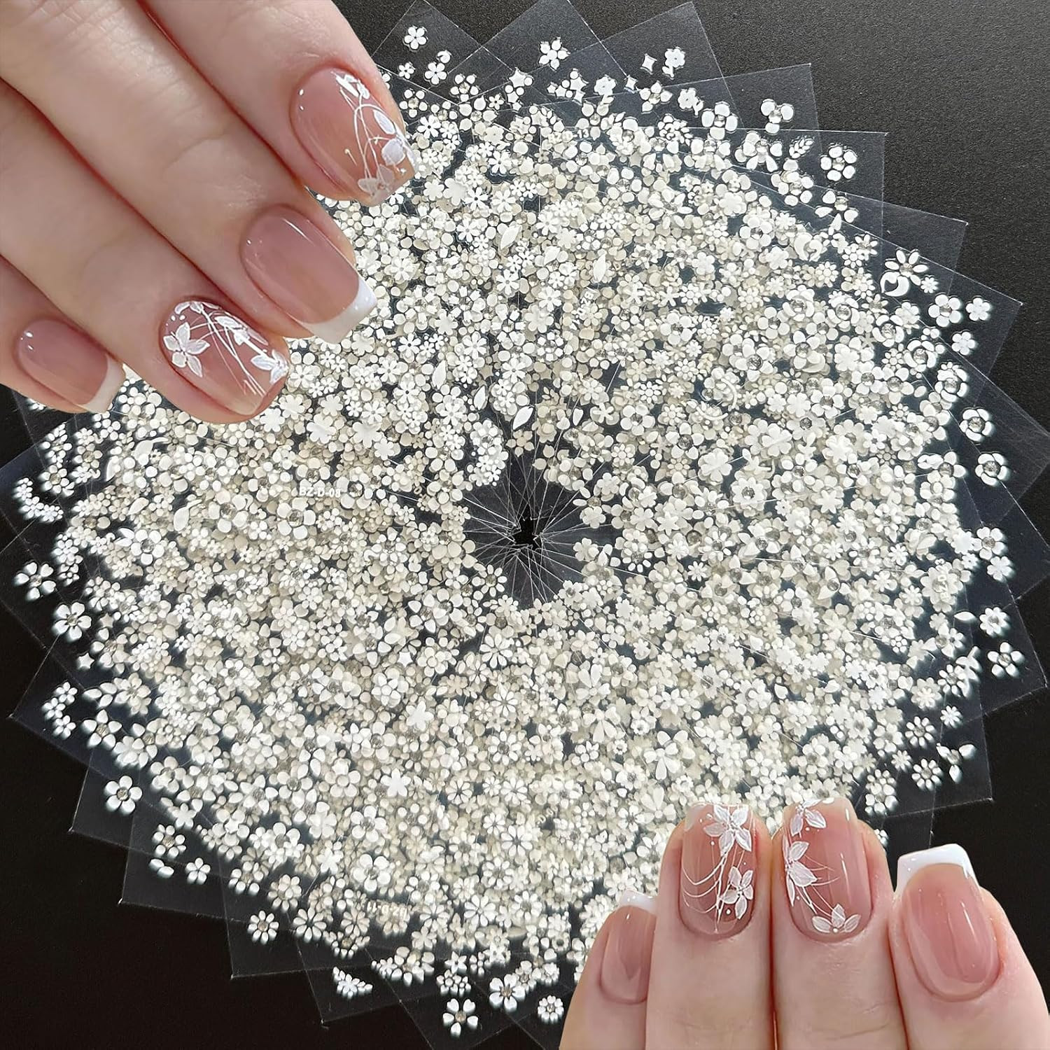 30 Sheets White Flower Nail Art Stickers with Rhinestones 3D Self Adhesive Desig