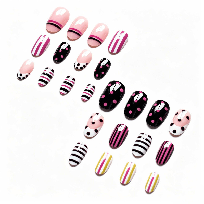 48Pcs-Medium Almond Pink Brown White Striped Polka Dot Mix Design Press on Nails