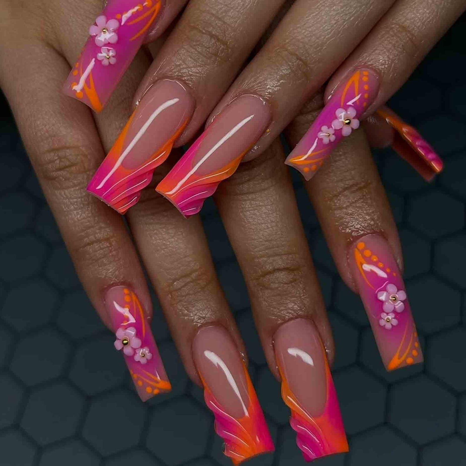 Handmade Pink Orange Gradient 3D Flower Wave Long Coffin Press on Nails