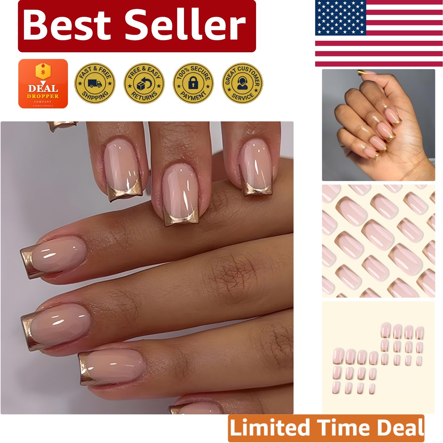 24 Piece Gold French Tip Press-On Nails – Quick Application for Glam Hands